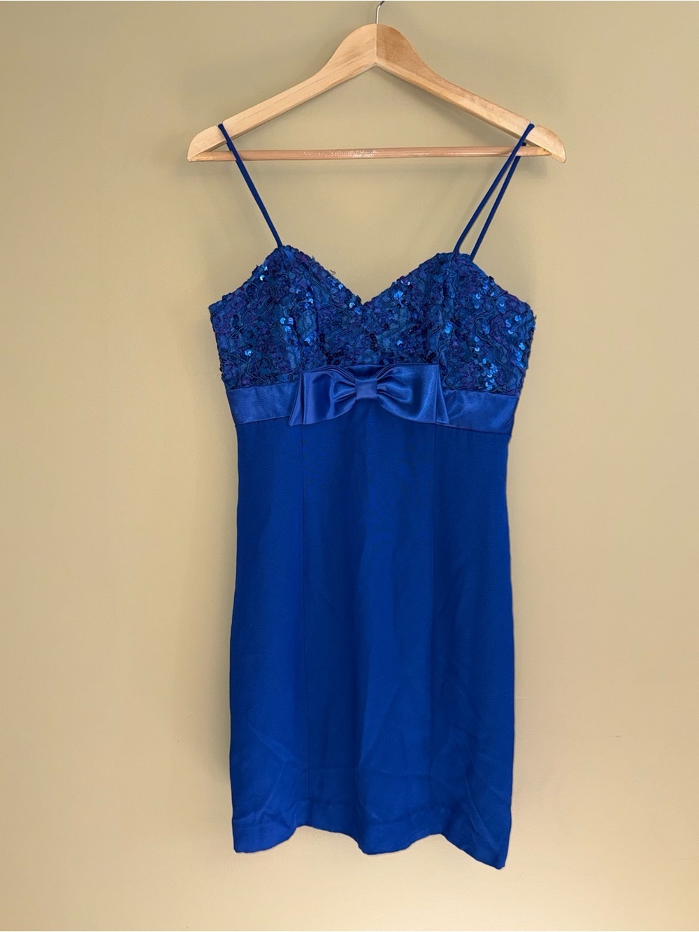 Vintage Scarlett Sequins royal Blue Thin Strap Mini Dress Sz 9/10 Bow Made USA